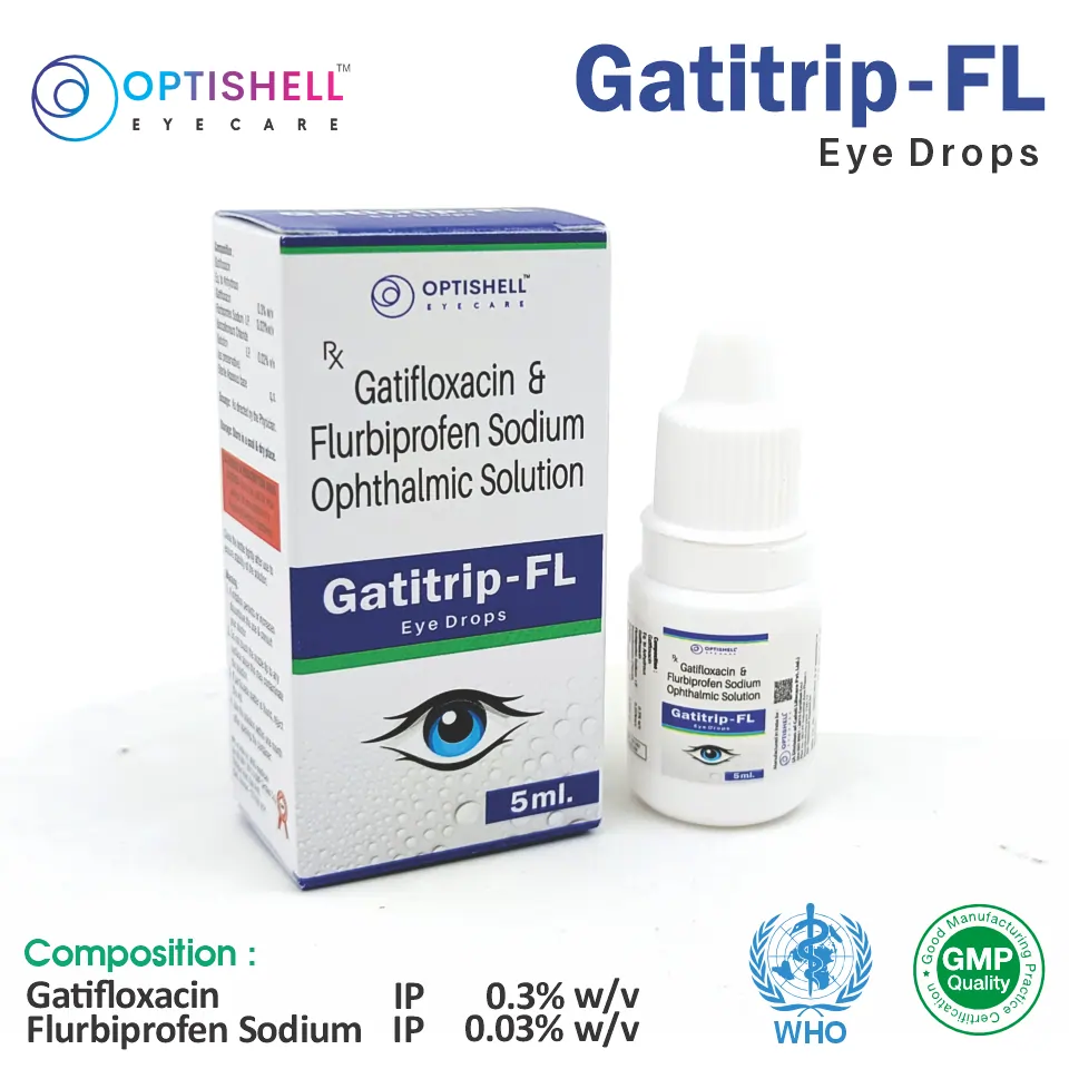 Flurbiprofen  + Gatifloxacin Eye Drops at the best price in PCD Pharma Franchise for Antibiotic/NSAID, Eye Infection Treatment.